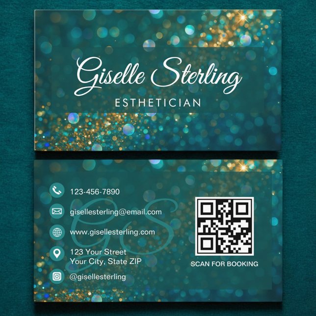 Esthetician Teal Gold Glitter QR Code Luxury Business Card (Creator Uploaded)