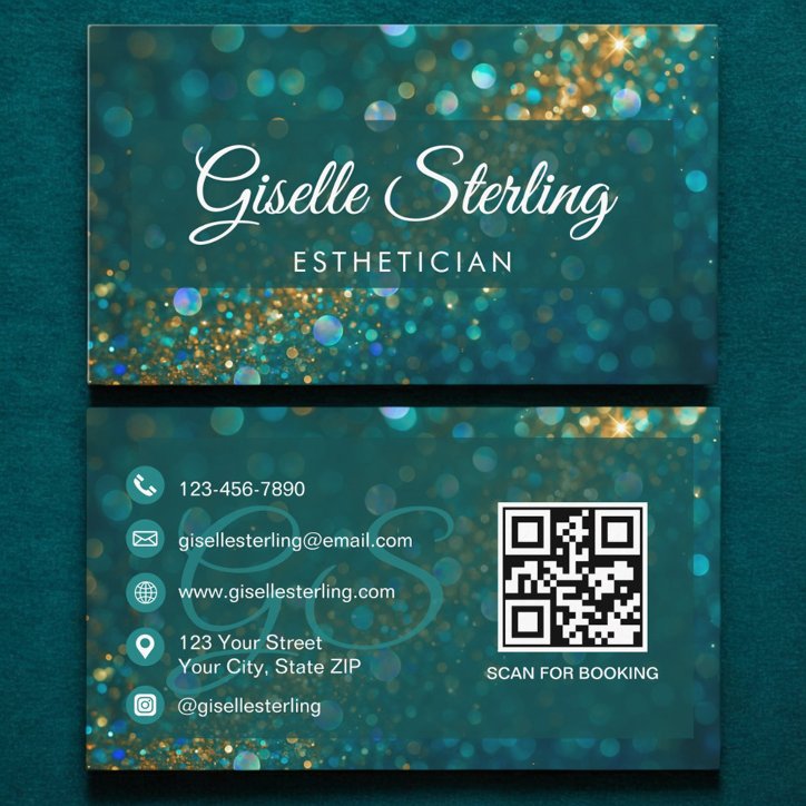 Esthetician Teal Gold Glitter QR Code Luxury Business Card