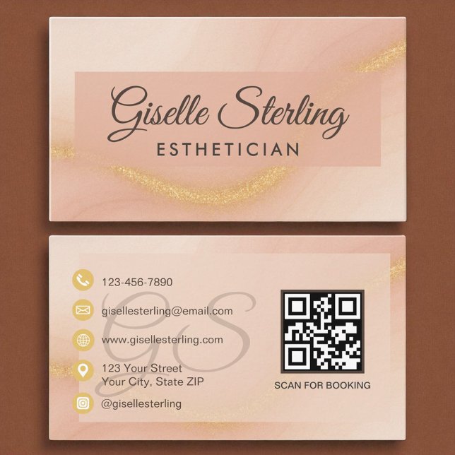 Esthetician Watercolor Gold Monogram QR Code Business Card (Creator Uploaded)