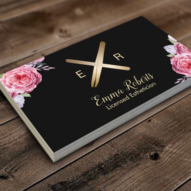 Esthetician Wax Stick & Tweezer Logo Pink Floral Business Card (Creator Uploaded)