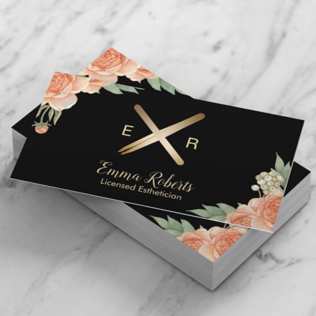 Esthetician Wax Stick & Twezzer Logo Classy Floral Business Card (Creator Uploaded)