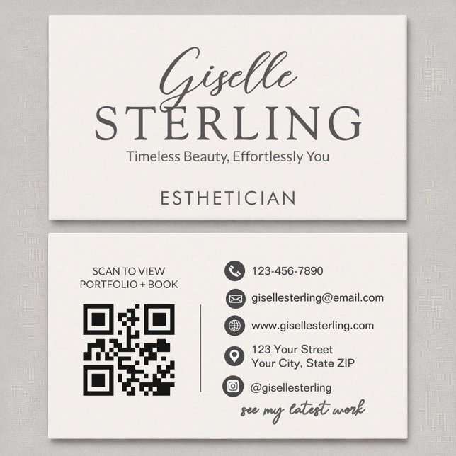 Esthetician White Script Modern QR Code Business Card (Creator Uploaded)