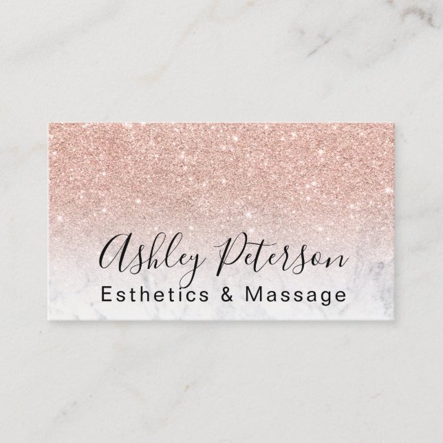 Esthetics massage script marble rose gold glitter business card (Front)