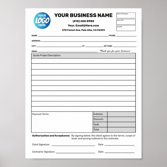 Estimate Quote Job Proposal Forms Downloadable Poster (Front)