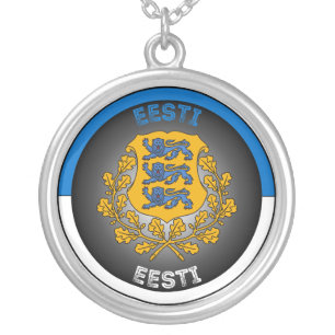 Estonia Coat of Arms Patriotic Round Shape Silver Plated Necklace