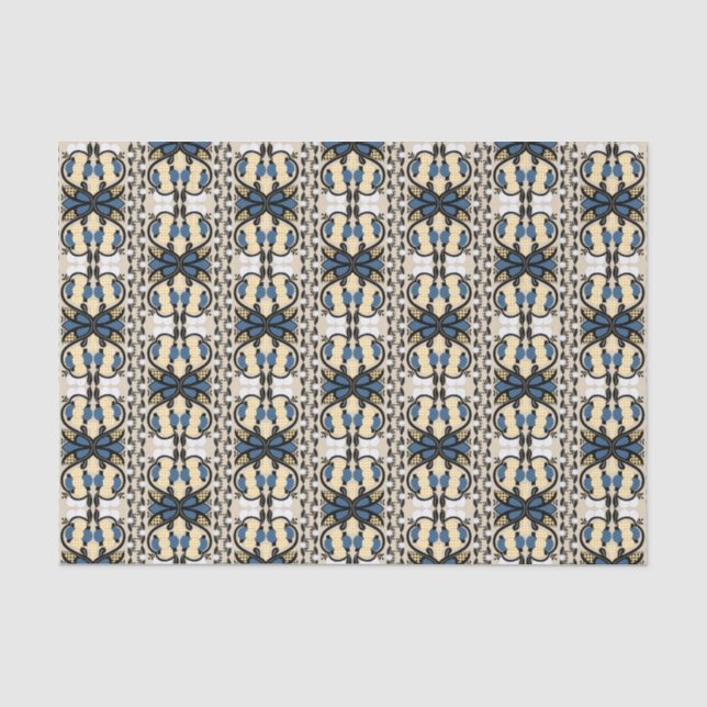 Estonian blue and yellow floral folk art tissue paper (Front)