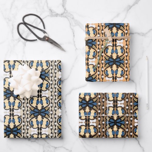 Estonian blue and yellow floral folk art wrapping paper sheets