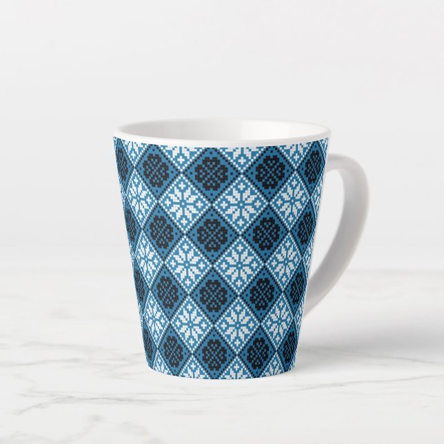 Estonian Blue Black and White Mitten Pattern Latte Mug (Right Angle)