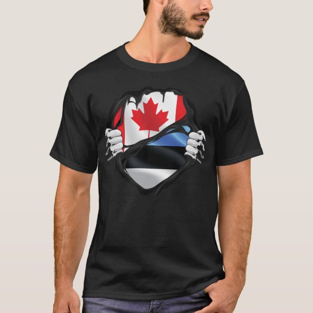Estonian Canadian Hands Ripped Roots Flag T-Shirt (Front)