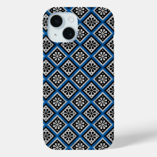 Estonian Mitten Pattern Blue Black and White iPhone 15 Case
