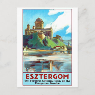 Esztergom city on Danube river, Hungary, vintage Postcard
