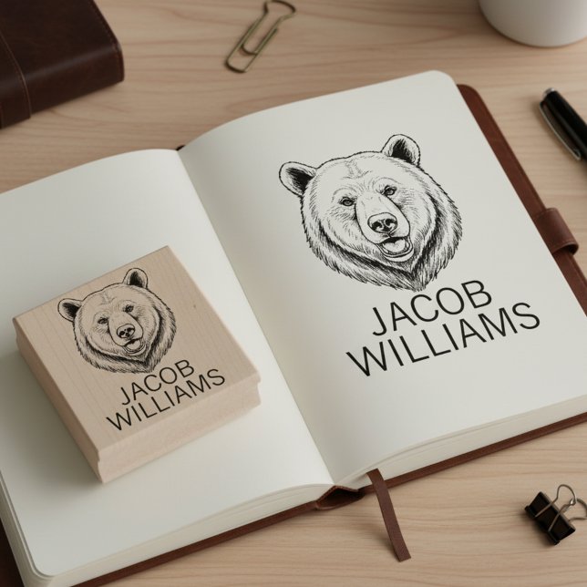 Etched Bear Head With Full Name Wood Art Stamp (Etched bear head signature stamp.)