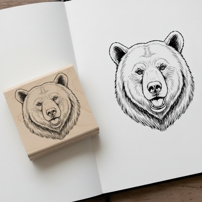 Etched Bear Head Wooden Art Stamp (Beautiful etched bear head wooden art stamp.)