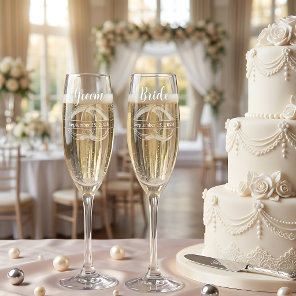 Etched Bride and Groom Wedding  Champagne Flute