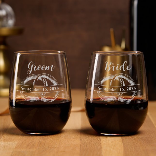 Etched Bride and Groom Wedding  Stemless Wine Glass (Party)