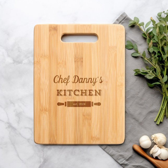 Etched Chef Name Kitchen Bamboo Template Engraved Cutting Board (Chef Name Kitchen Bamboo Cutting boards mock up)