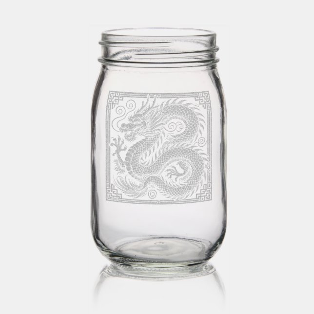 Etched Chinese Dragon Mason  Jar (Glassware)