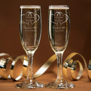 Etched Elegant Wedding Happily Ever After Hearts Champagne Flute