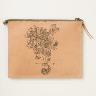etched flower line drawing leather bag