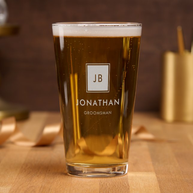 Etched Groomsmen Monogram Initials Modern Wedding Pint Glass (Party)