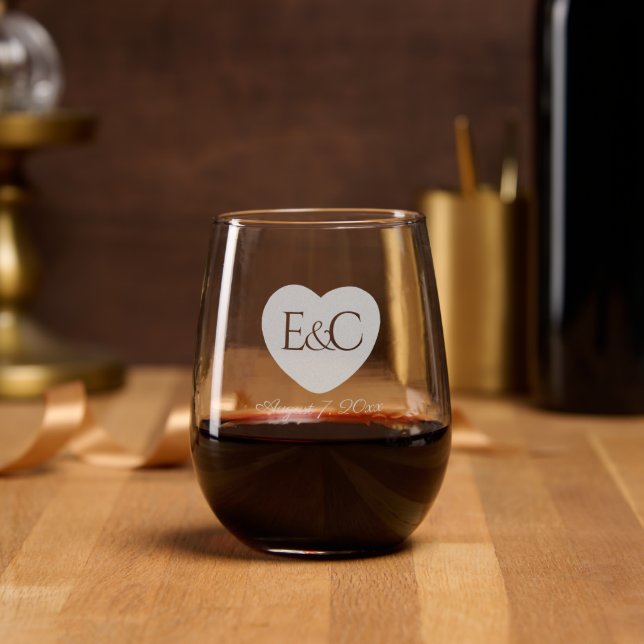 Etched Heart With Initials and Wedding Date Stemless Wine Glass (Party)