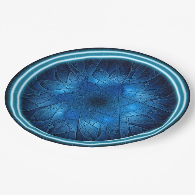 Etched-Look Blue Fractal Star of David Paper Plates (Angled)