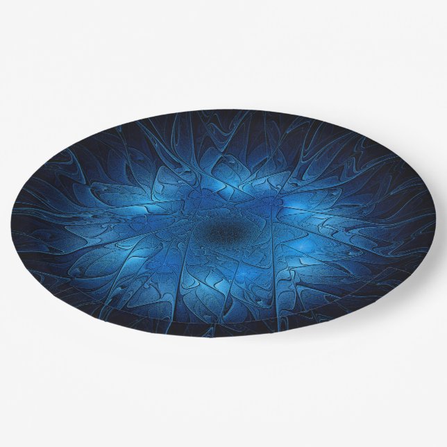Etched-Look Blue Fractal Star of David Paper Plates (Angled)
