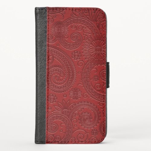 Etched Modern Burgundy Red Paisley Floral Pattern iPhone X Wallet Case