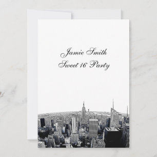 Etched NYC Fisheye Skyline 2 BW Sweet 16 V Invitation
