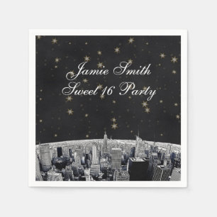 Etched NYC Skyline 2 Black Gold Star Paper Napkins