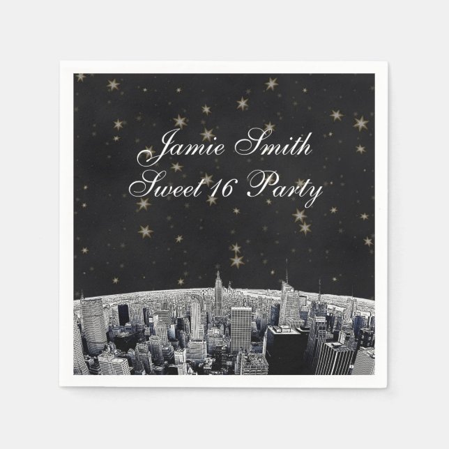 Etched NYC Skyline 2 Black Gold Star Paper Napkins (Front)