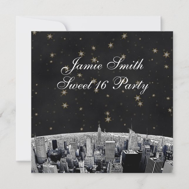 Etched NYC Skyline 2 Black Gold Star Sweet 16 Invitation (Front)
