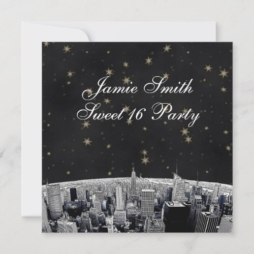 Etched NYC Skyline 2 Black Gold Star Sweet 16 Personalized Invitations