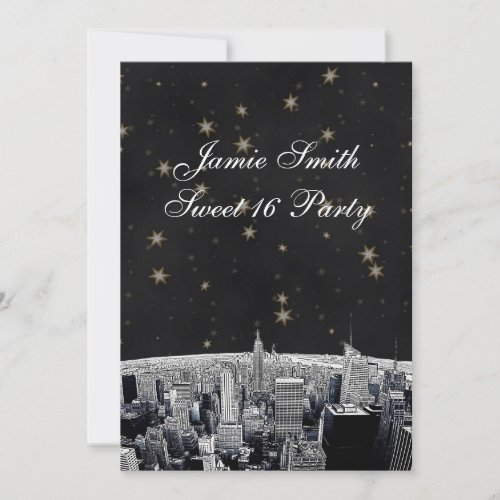 Etched NYC Skyline 2 Black Gold Star Sweet 16 V Custom Announcement
