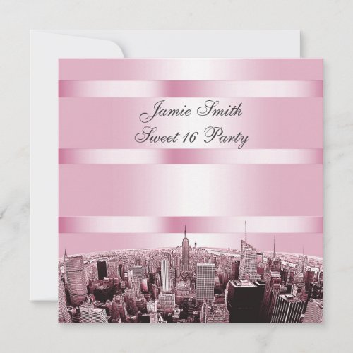 Etched NYC Skyline 2 Black Pink Sweet 16 Party Invitation