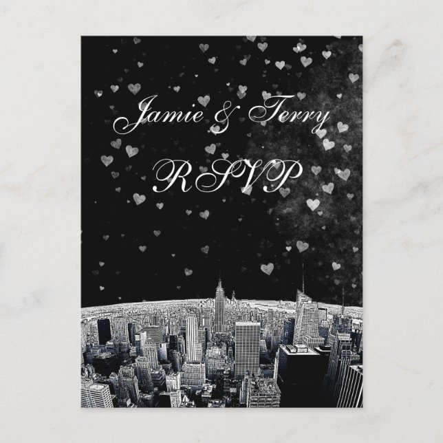 Etched NYC Skyline #2 Black White Heart RSVP 1 Invitation Postcard (Front)