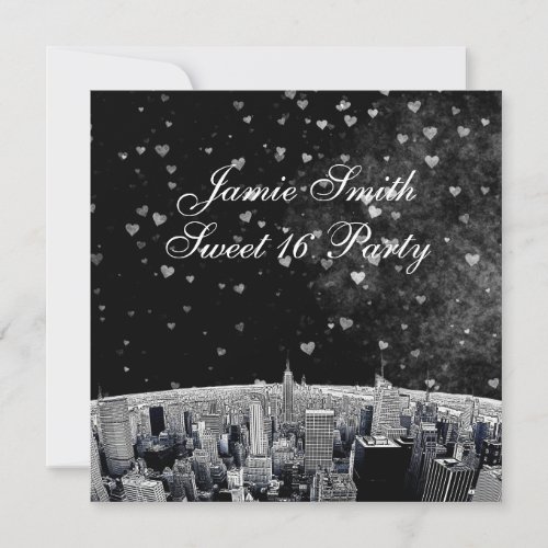 Etched NYC Skyline #2 Black White Heart Sweet 16 Personalized Announcement