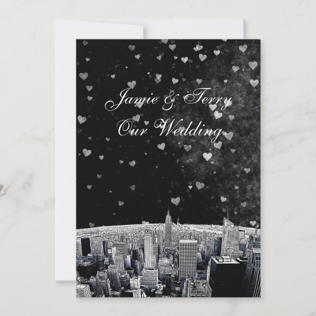 Etched NYC Skyline #2 Black Wht Heart Wedding Invitation (Front)