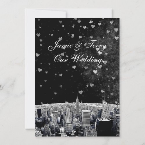 Etched NYC Skyline #2 Black Wht Heart Wedding Invite