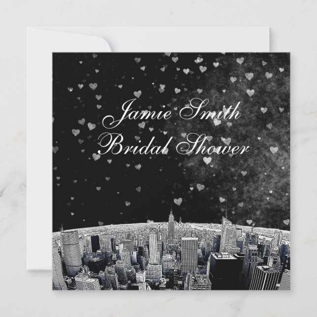 Etched NYC Skyline #2 Blk Wht Heart Bridal Shower Invitation (Front)