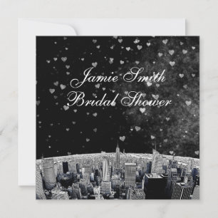 Etched NYC Skyline #2 Blk Wht Heart Bridal Shower Invitation