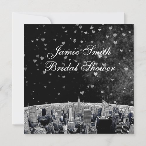 Etched NYC Skyline #2 Blk Wht Heart Bridal Shower Announcement