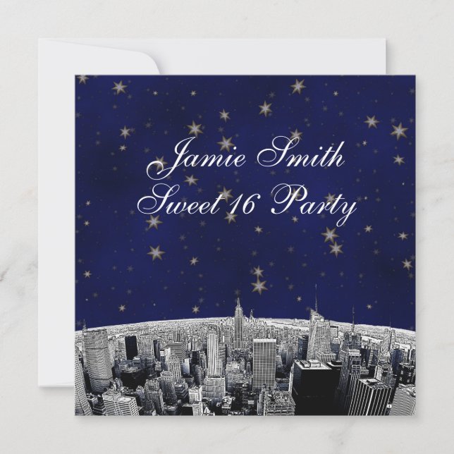 Etched NYC Skyline 2 Blue Gold Star Sweet 16 Party Invitation (Front)