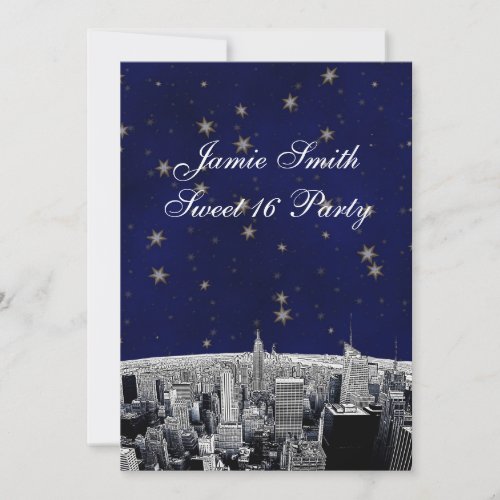 Etched NYC Skyline 2 Blue Gold Star Sweet 16 V Announcements