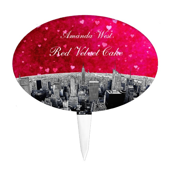 Etched NYC Skyline #2 Pink Red Heart Cake Topper