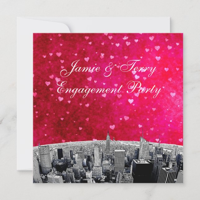 Etched NYC Skyline #2 Pink Red Heart Engagement Invitation (Front)