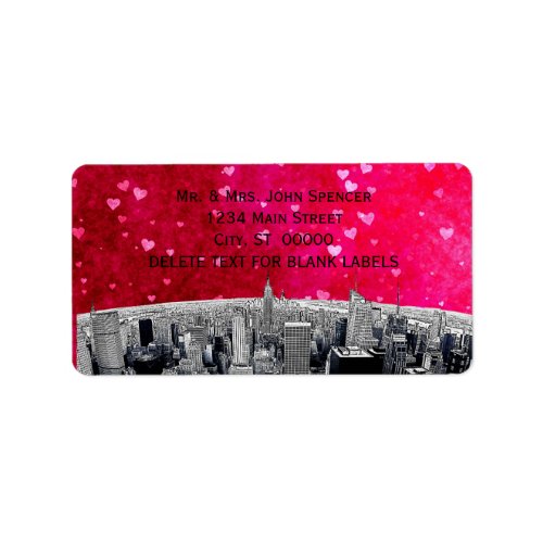 Etched NYC Skyline 2 Pink Red Heart H Address Label