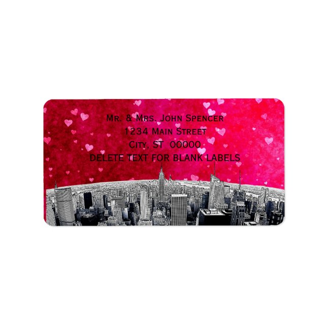 Etched NYC Skyline #2 Pink Red Heart H Address Label (Front)