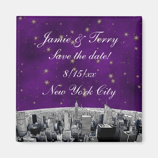 Etched NYC Skyline 2 Purple Gold Star Save Date Magnet (Front)