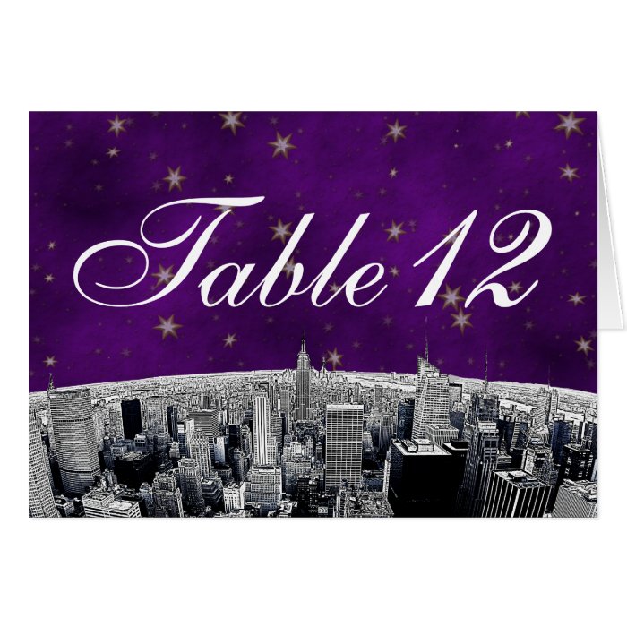 Etched NYC Skyline 2 Purple Gold Star Table Number Greeting Card